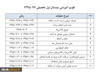 تقویم آموزشی نیمسال اول تحصیلی 96- 1395