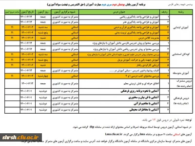 برنامه امتحانات پایان پودمان دوم مهارت آموزان سری دوم پردیس شهید رجایی فارس